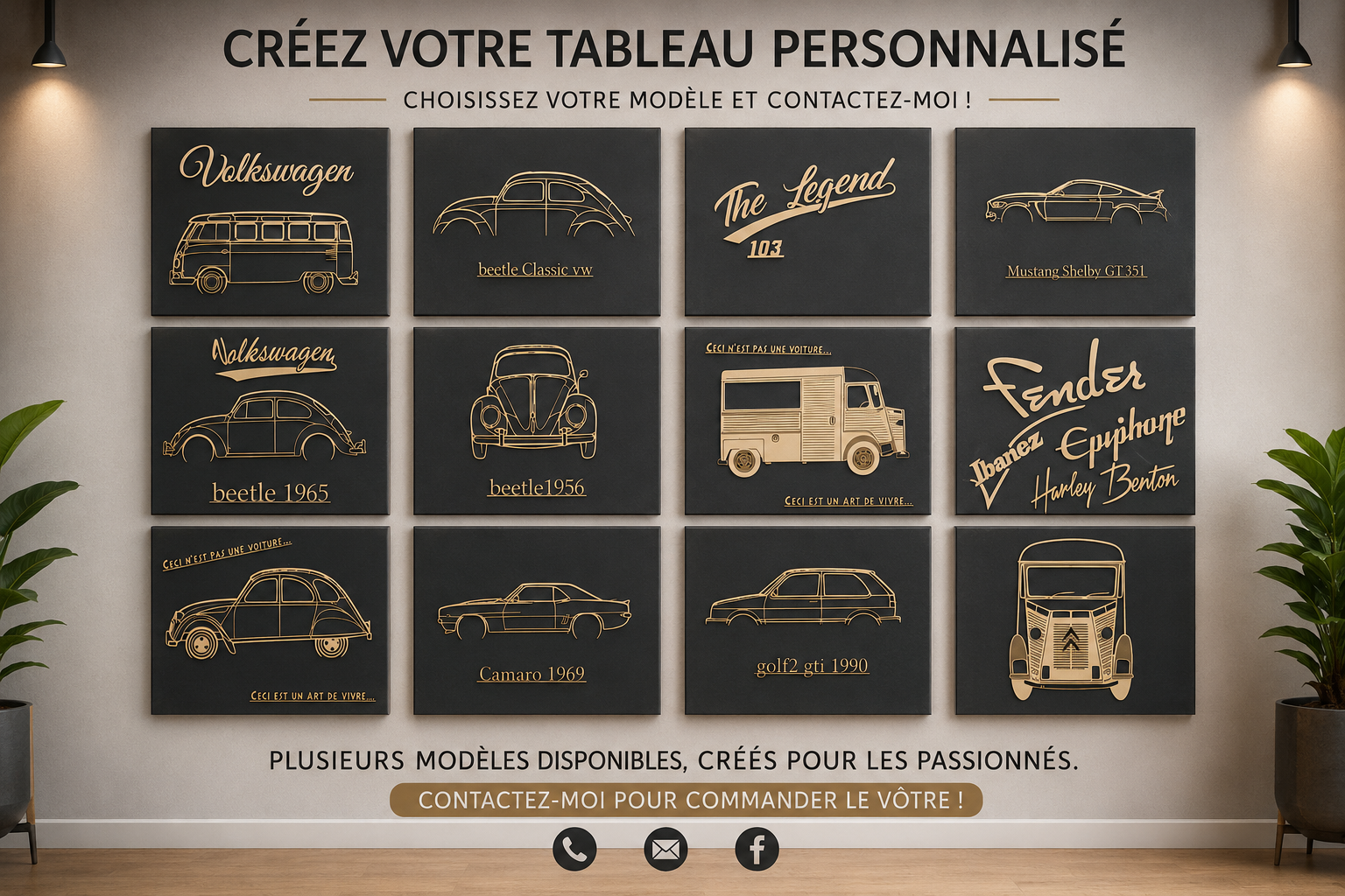 Tableaux personnalisés en bois représentant des voitures anciennes, Volkswagen Coccinelle, Mustang Shelby et autres modèles iconiques, réalisés sur mesure pour la décoration intérieure.